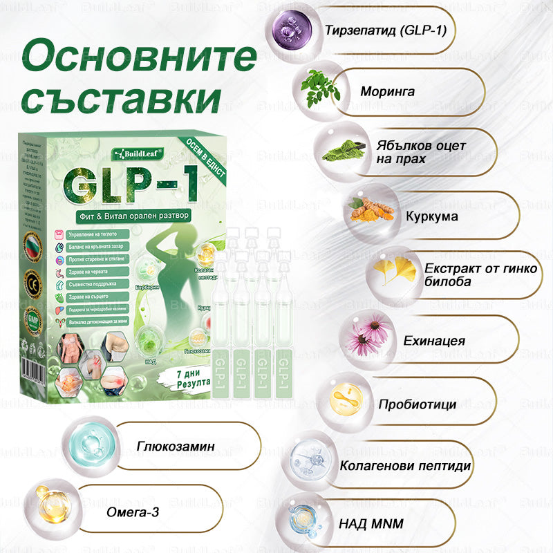 👩‍🔬 Buildleaf® GLP-1 8-в-1 Фит & Витал орален разтвор | Само веднъж на ден. Видими резултати само за 7 дни. | За затлъстяване и контрол на теглото, сърдечно-съдово здраве, диабет, сънна апнея, здраве на червата, проблеми със ставите и други.
