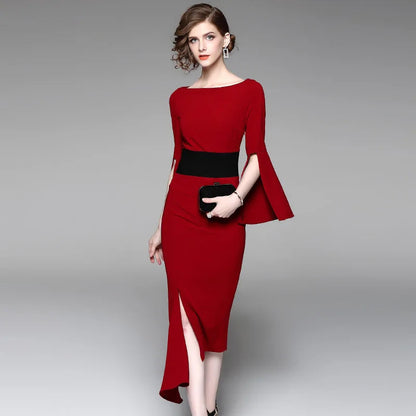 New irregular waist-tightening dresses red medium-length dress for solid slash neck flare sleevebanquet in 2026